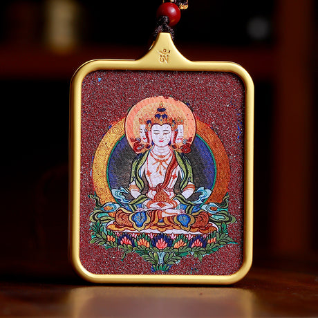 Handgefertigter tibetischer Thangka-Anhänger mit Zinnober – dein persönlicher Schutzbuddha.